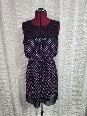 Enfocus Studio Navy Dress Pink Polka Dots Black Crochet Yoke Sheer Hem